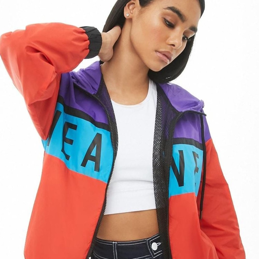 FOREVER 21 'Heaven' Color Block Hooded Windbreaker Size S